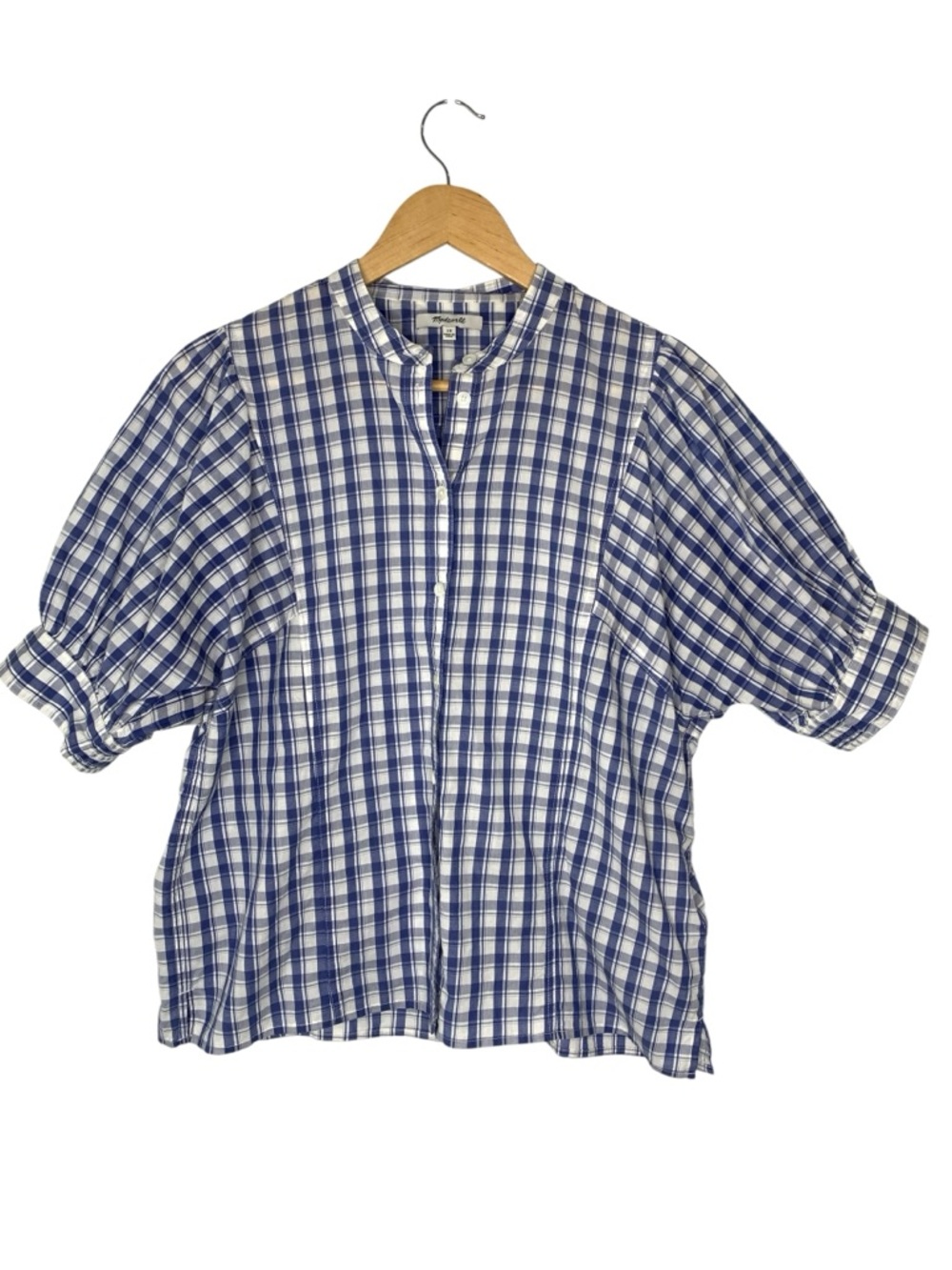 Madewell Puff-Sleeve Band-Collar Shirt Blue White Window Pane Print size 10 - Picture 2 of 7